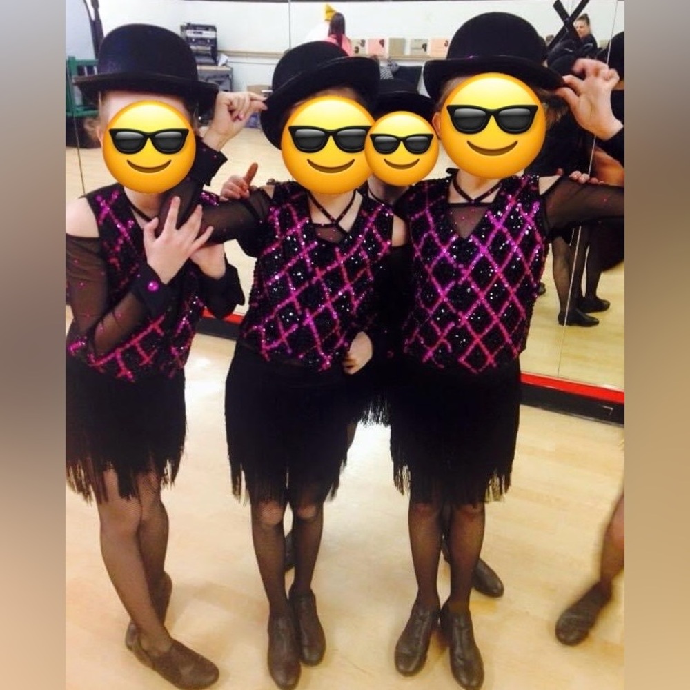 Black and Fushia 4 Piece Dance Costume Leotard, Vest, Skirt & Hat